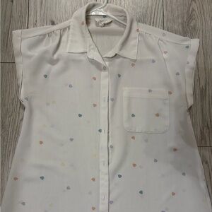 White Button-Up Blouse with Pastel Heart Print